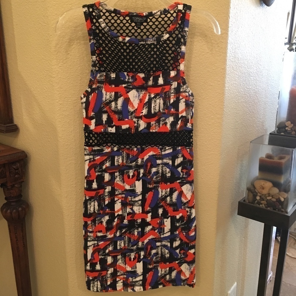 TOPSHOP Women Abstract Print w/ Net Details Sleeveless Dress Size 6